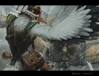 anthro bag boots clothing duo eye_contact eyewear feathers feet flying footwear goggles looking_at_another looking_down_at_another looking_up_at_another male melee_weapon polearm scroll shoes snow spear weapon winged_arms wings winter y-dactyl mame_moyasiiii nintendo tears_of_the_kingdom the_legend_of_zelda link penn_(tloz) avian bird humanoid hylian rito hi_res