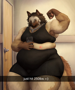 anthro armpit_hair athletic_wear belly belly_overhang big_belly big_breasts body_hair breasts butt cellphone chain_necklace clothed clothing electronics female flexing hair huge_thighs jewelry midriff muffin_top multi_nipple musclegut muscular muscular_arms muscular_female necklace nipples obese overweight overweight_female pawpads phone smartphone solo text thick_thighs weight_gain wide_hips thiccomode mika_(pupc0ded) canid canine canis dobermann domestic_dog mammal pinscher absurd_res english_text hi_res