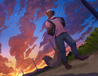 anthro backpack black_nose blue_backpack blue_bottomwear blue_clothing blue_pants blue_sky bottomwear brown_body brown_fur closed_smile clothed clothing cloud denim denim_bottomwear denim_clothing dutch_angle fur grass green_eyes head_tuft jeans low-angle_view male mouth_closed orange_sky outside pants pawpads pink_clothing pink_shirt pink_t-shirt pink_topwear plant power_lines red_pawpads shirt sky smile solo standing t-shirt topwear tuft corzh77 absurd_res full-length_portrait hi_res portrait