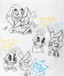 2015 animatronic anthro avian bird blush buckteeth chica_(fnaf) chicken clothing cuddling dialogue duo english_text exclamation_point female five_nights_at_freddy's five_nights_at_freddy's_2 galliform gallus_(genus) inkyfrog lagomorph leporid lying machine male mammal morning_after on_back on_side panties phasianid rabbit robot scottgames simple_background sleeping teeth text toy_bonnie_(fnaf) traditional_media_(artwork) underwear white_background