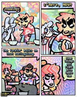 4_panel_comic aloha_shirt anthro black_hair blonde_highlights blue_body blue_fur bodily_fluids bow_tie cheek_spots cheek_tuft cigar cigar_in_mouth clothing collared_shirt crying dialogue dress ears_down facial_hair facial_tuft female floppy_ears fur group hair half-closed_eyes highlights_(coloring) male markings mole_(marking) mustache mustaches narrowed_eyes object_in_mouth orange_hair overalls pattern_clothing pattern_shirt pattern_topwear pivoted_ears polo_shirt shirt speech_bubble tears teary_eyes text topwear tuft white_body white_fur wide_eyed yellow_body yellow_fur rawdawgcomics bingus_(rawdawgcomics) cataldo_(rawdawgcomics) rosemary_(rawdawgcomics) stahli_(rawdawgcomics) bird_dog canid canine canis domestic_dog golden_retriever hunting_dog lagomorph leporid mammal rabbit retriever 4:5 comic english_text hi_res translation_request
