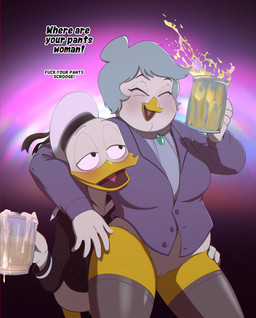 anthro bottomless clothed clothing drunk duo female genitals male substance_intoxication text vulva drockdraw disney ducktales ducktales_(2017) bentina_beakley donald_duck anatid anseriform avian bird duck english_text hi_res