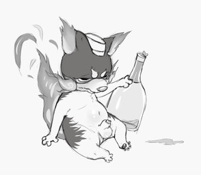 alcohol animal_genitalia balls beverage bottle container fire genitals male navel nude pawpads penis penis_tip reclining semi-anthro sheath sitting slightly_chubby solo nivy_(artist) canid canine canis domestic_dog mammal character_request greyscale hi_res monochrome