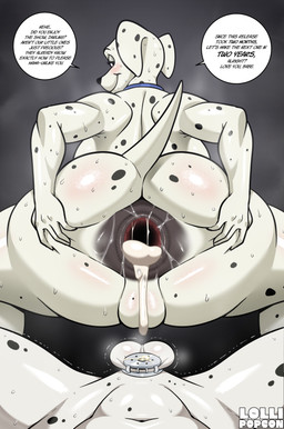 after_anal after_sex anthro anus balls big_anus big_butt biped bodily_fluids butt chastity_cage chastity_cage_only chastity_device chastity_device_only cum dialogue duo female gaping gaping_anus genital_fluids genitals incestuous_infidelity male mature_female nude pupils rear_view simple_background smile speech_bubble spread_butt spreading sweat sweaty_butt text thick_thighs vulva wearing_chastity_cage wearing_chastity_device white_body lollipopcon 101_dalmatians disney perdita pongo canid canine canis dalmatian domestic_dog mammal absurd_res english_text hi_res