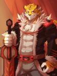 abs armor bandage belt big_muscles black_nose body_markings brown_fur bulge chest_tuft claws clothing feline fur grin jacket looking_at_viewer male mammal markings muscles open_shirt orange_eyes orange_fur pants pecs pose rabbity robe scar shirt smile solo standing stripes sword tiger toned tuft weapon white_fur
Rating: Safe
Score: 7
User: Hardstyle_Chris
Date: March 31, 2014