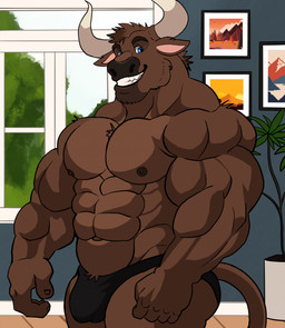 abs anthro biceps big_muscles blue_eyes brown_body brown_fur bulge clothed clothing deltoids fur horn inside looking_at_viewer male muscular muscular_anthro muscular_male navel nipples pecs smile solo speedo swimwear tail topless topless_anthro topless_male trapezius window darknaigart bovid bovine cattle mammal 2025 hi_res