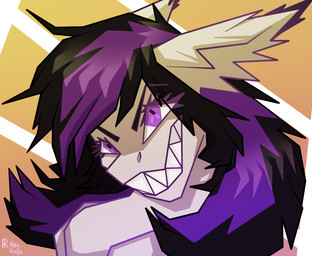 bangs black_eyebrows black_mane ear_tuft eye_through_mane eyebrow_through_mane eyebrows eyelashes eyelashes_through_mane female female_feral feral fur furrowed_eyebrows grey_body grey_fur hair head_tilt light mane multicolored_mane purple_eyebrows purple_eyes purple_mane sharp_teeth simple_background solo teeth text toothy_grin translucent translucent_hair tuft two_tone_mane rayrage hasbro my_little_pony fan_character earth_pony equid equine horse mammal pony 2020 artist_name bust_portrait colored digital_drawing_(artwork) digital_media_(artwork) lighting portrait shaded