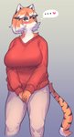 anthro big_breasts black_highlights blush bodily_fluids breasts clothed clothing countershading ellipsis female female_anthro fingers fur green_eyes hair heart_symbol highlights_(coloring) huge_breasts kemono orange_body orange_fur orange_hair solo standing striped_body striped_fur stripes sweat sweatdrop sweater thought_bubble topwear white_body white_fur white_highlights sususuigi kana_(sususuigi) felid mammal pantherine tiger digital_media_(artwork) hi_res portrait shaded three-quarter_portrait