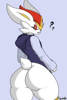 anthro big_butt bottomless bottomless_anthro bottomless_male butt clothed clothing confusion cotton_tail fur hoodie hoodie_only legwear male red_body red_fur solo thigh_highs topwear topwear_only white_body white_fur silliestsparki nintendo pokemon ace_(silliestsparki) cinderace generation_8_pokemon pokemon_(species) 2:3