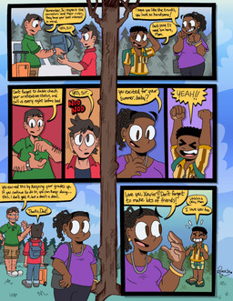 arm_hair backpack body_hair clothing dialogue female flip_flops footwear forest leg_hair male plant sandals shoes speech_bubble suitcase text tree young young_male romecartoons human mammal comic english_text hi_res