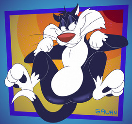3_toes 4_fingers abstract_background anthro arched_soles bedroom_eyes belly bent_legs big_butt biped black_body black_eyes black_fur black_pawpads bubble_butt butt butt_from_the_front cheek_tuft chest_tuft curling_toes dipstick_tail facial_tuft feet fingers foot_focus fur glance glistening glistening_butt gloves_(marking) grin grinning_at_viewer half-closed_eyes head_tuft humanoid_heel knees_up leg_markings looking_aside looking_aside_at_viewer looking_at_viewer lying male markings narrowed_eyes nude on_back pawpads pecs plantigrade pose red_nose seductive slightly_chubby slightly_chubby_anthro slightly_chubby_male smile smiling_at_viewer smirk smirking_at_viewer smug smug_expression smug_eyes smug_face smug_grin socks_(marking) soles solo spread_legs spreading tail tail_markings toes toony tuft whisker_spots whiskers white_belly white_body white_feet white_fur white_hands white_sclera white_tail_tip wide_hips gavanzude looney_tunes warner_brothers sylvester_(looney_tunes) domestic_cat felid feline felis mammal tuxedo_cat 2026 alternate_version_at_paywall colored digital_drawing_(artwork) digital_media_(artwork) flat_colors hi_res pinup signature
