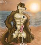 abs after_masturbation animal_genitalia anthro balls beach biceps big_muscles biped black_nose bodily_fluids brown_body brown_fur brown_hair claws crouching cum cum_drip cum_on_balls cum_on_hand cum_on_penis cumshot detailed_background dripping ejaculation erection fur genital_fluids genitals hair kneeling leaking male masturbation muscular muscular_anthro muscular_male nipples nude orange_eyes orgasm outside pecs penis pose presenting sand sea seaside sheath sky solo sun tan_body tan_fur tattoo toe_claws vein water whiskers ajani_(artist) mammal mustelid otter 2011