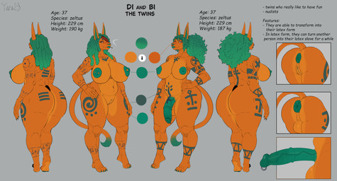 anthro anus big_breasts big_butt big_penis breasts butt duo female genitals gynomorph intersex mature_female mature_gynomorph mature_intersex penis piercing plump_labia puffy_anus solo tattoo text vulva wide_hips yaramoshi_satoshi bi_(yaramoshi_satoshi) di_(yaramoshi_satoshi) felid feline mammal absurd_res english_text hi_res model_sheet