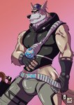 5_fingers anthro athletic athletic_anthro athletic_male bandolier belt black_nose bottomwear bulge claws clothed clothing duo ear_piercing ear_ring finger_claws fingerless_gloves fingers fur gloves grey_body grey_fur grin handwear male piercing ring_piercing shorts smile solo_focus teeth topwear vest nexus epic_games fortnite walnut_(fortnite) wendell_(fortnite) canid canine canis mammal rodent sciurid tree_squirrel wolf 2023 hi_res