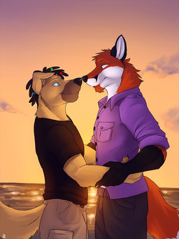 anthro anthro_on_anthro black_hair black_nose blue_eyes closed_smile clothed clothing dreadlocks duo eye_contact fur hair looking_at_another male male/male mouth_closed orange_sky outside purple_clothing purple_shirt purple_t-shirt purple_topwear red_body red_fur shirt side_view sky smile standing sunset t-shirt tan_body tan_fur topwear white_body white_fur solaxe_(artist) canid canine canis domestic_dog fox mammal 3:4