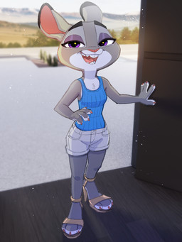 3_toes 4_fingers anthro black_body black_fur bottomwear breasts clothed clothing eyebrows feet female fingers footwear fur grey_body grey_fur half-closed_eyes high_heeled_sandals high_heels long_ears multicolored_body multicolored_fur narrowed_eyes open_mouth purple_eyes sandals shirt shoes shorts solo tank_top teeth toes tongue topwear white_body white_fur siroc disney zootopia judy_hopps lagomorph leporid mammal rabbit 2025 3:4 full-length_portrait hi_res portrait