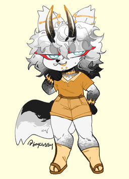 anthro black_body black_fur bottomwear cargo_shorts chibi clothing collarbone_piercing collared_shirt curved_horn ear_piercing ear_ring facial_hair flip_flops fluffy fluffy_tail footwear fur goatee hair half-closed_eyes horn looking_at_viewer male multicolored_hair narrowed_eyes neck_scar piercing ring_piercing sandals scar scars_all_over shirt shoes shorts simple_background socks socks_with_sandals solo tail tan_background topwear two_tone_hair white_body white_fur wrist_scar boyclussy jimnsei_(character) arctic_wolf canid canine canis mammal wolf hi_res andromorph_(lore) trans_(lore) trans_man_(lore)