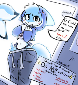 anthro asking_viewer enclosure femboy male shark_tail sign solo kittyhike cat_shark domestic_cat felid feline felis mammal absurd_res hi_res