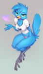 4_toes 5_fingers anthro arm_behind avian_feet beak biped blowing_kiss blue_body blue_feathers blue_fur breasts clothed clothing eyelashes feathers feet female fingers flirting fur green_eyes hand_behind_back heart_symbol kissing logo looking_at_viewer non-mammal_breasts panties partially_clothed scutes shirt simple_background sitting skimpy solo t-shirt thick_thighs toes topwear underwear yellow_beak yulliandress twitter tweetfur avian bird 2019 hi_res meme