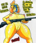 anthro anus big_breasts biped breasts butt butt_from_the_front clothing dialogue female genitals grin gun holding_gun holding_object holding_ranged_weapon holding_weapon nipples nude panties_on_face pussy ranged_weapon shotgun smile sniffing sniffing_clothes solo standing text threatening threatening_with_weapon underwear underwear_on_head underwear_sniffing weapon yellow_body parasitedeath animal_crossing nintendo isabelle_(animal_crossing) canid canine canis domestic_dog mammal 2020 portrait spanish_text three-quarter_portrait traditional_media_(artwork) translated