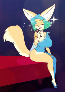anthro big_breasts blue_hair breasts choker clothing collarbone dress electronics eyebrows eyelashes eyes_closed female hair inner_ear_fluff jewelry microphone necklace open_mouth open_smile sitting smile solo sparkles tan_body tuft scorpdk demi_(scorpdk) canid canine fennec_fox fox mammal true_fox 2026 absurd_res hi_res