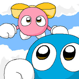 accessory blue_body bow_(feature) bow_ribbon centered_hair_bow clothing cloud detailed_background duo female flying gloves hair_accessory hair_bow hair_ribbon handwear looking_at_another male not_furry pink_body ribbons sky white_clothing white_gloves white_handwear yellow_eyes pasaran kirby_(series) nintendo lalala lololo alien waddling_head aliasing digital_media_(artwork) low_res oekaki