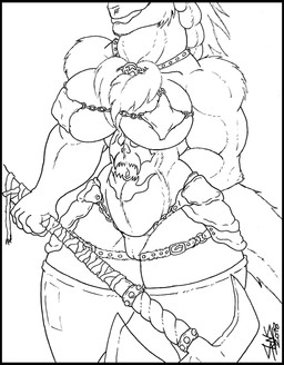 anthro armor axe barbarian big_breasts black_border border bottomless braided_hair breasts clothed clothing female hair melee_weapon muscular smile tail tattoo unconvincing_armor weapon wide_hips skianous morrigan_saberhagen sergal hi_res line_art monochrome