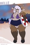 anthro antlers beach belly biped breasts buckteeth clothed clothing cream_hair detailed_background female fur hair horn one_eye_closed overweight pear-shaped_figure seaside slightly_chubby slightly_chubby_female smile teeth text thick_thighs wide_hips wink mexifurfoof belle_(mexifurfoof) deer mammal 2022 2:3 digital_drawing_(artwork) digital_media_(artwork) hi_res