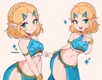 belly_dancer blonde_hair clothed clothing ear_piercing female gerudo_outfit green_eyes hair humanoid_pointy_ears not_furry open_mouth piercing pointy_ears smile cremanata nintendo the_legend_of_zelda princess_zelda humanoid hylian hi_res