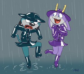 anthro antlers clothing coat duo horn latex latex_clothing male rain_boots raincoat raining simple_background topwear mattherabbit bedfellows fatigue_(bedfellows) sheen_(bedfellows) domestic_cat felid feline felis jackalope lagomorph mammal