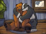 anthro black_body black_fur black_nose brown_body brown_fur detailed_background duo eyes_closed fur hug hugging_another hugging_from_behind humanoid_hands inside male sitting slightly_chubby white_body white_fur k-9 badger bear mammal mustelid musteline 2022 hi_res