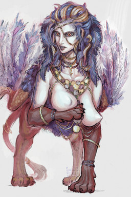 big_breasts black_claws black_sclera blonde_highlights blue_body blue_feathers blue_hair breasts brown_body brown_fur claws feather_hair feathered_wings feathers female front_view fur hair highlights_(coloring) jewelry looking_at_viewer nipple_outline orange_eyes pale_skin pseudo_hair purple_body purple_feathers simple_background solo tail tail_tuft tuft white_background wings snowyfeline capcom dragon's_dogma mythology sphinx_(dragon's_dogma) felid humanoid mammal mythological_creature mythological_sphinx 2:3