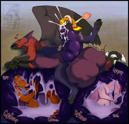 almost_fully_inside anthro balls beak big_balls big_penis black_body black_fur bodily_fluids claws cock_vore cum erection feathers feet fur genital_fluids genitals glorp group head_first huge_balls huge_penis hyper hyper_balls hyper_genitalia hyper_penis internal knot knotted_penis logo male male/male male_pred nude nude_pred orange_body orange_fur penile penis red_body red_fur throb throbbing throbbing_penis trio vore white_body wings zeanlain mythology agnivoazar_(character) avian dragon gryphon mythological_avian mythological_creature mythological_scalie scalie sergal 2025 artist_logo colored hi_res