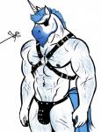 abs anthro biceps blue_hair body_hair bulge clothing eye_patch eyewear facial_hair hair hairy harness horn male manly muscular muscular_anthro muscular_male scar solo tuft underwear warrior bgn mythology inorog equid equine mammal mythological_creature mythological_equine unicorn 2015 hi_res