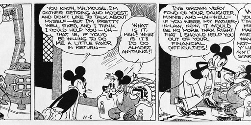 ambiguous_gender anthro cane chair clothed clothing dialogue duo eyewear footwear furniture glasses inside male mature_male open_mouth overalls scarf shoes sitting text walking whiskers floyd_gottfredson hardie_gramatky disney public_domain marcus_mouse mister_slicker mammal mouse murid murine rodent 1930 20th_century absurd_res ancient_art black_and_white dated english_text hi_res monochrome signature