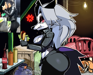 angry anthro big_breasts big_butt bottomwear breasts butt clothed clothing crop_top ears_back eating fangs female fingerless_gloves food fur furniture gas_tank gloves hair handwear jacket leather leather_clothing leather_jacket leather_topwear pants photo_reference pivoted_ears red_sclera shirt solo table taco tail teeth thick_thighs topwear white_body white_eyes white_fur white_hair yoga_pants la_tiapat coca-cola hellaverse helluva_boss loona_(helluva_boss) canid canine canis domestic_dog mammal wolf absurd_res hi_res reference_image
