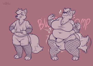 anthro before_and_after big_breasts blush bottomwear breast_growth breasts bulge clothing exclamation_point expansion fishnet_clothing fishnet_legwear genital_expansion growth gynomorph hair intersex legwear looking_down male navel overweight overweight_gynomorph overweight_intersex penis_expansion shirt shorts simple_background smile solo standing tail tail_motion tailwag text tongue tongue_out topwear weight_gain keffotin runey_(runeyco) canid canine fox mammal 2025 digital_media_(artwork) english_text hi_res trans_(lore) trans_woman_(lore)