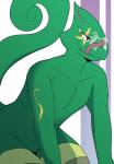 anthro biped black_eyes bodily_fluids cum cum_on_face cum_on_muzzle cum_on_tongue genital_fluids green_body green_skin licking long_tongue male nude on_ground pecs sitting smile solo thick_thighs tongue tongue_out schlurpin nintendo star_fox leon_powalski chameleon flap-necked_chameleon lizard reptile scalie hi_res