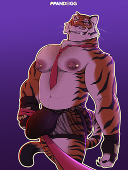 accessory anthro barbell_piercing belly big_bulge big_muscles big_nipples big_pecs body_hair bulge chest_hair clothing countershading detailed_bulge facial_markings facial_scar fangs gloves handwear head_markings holding_leash holding_object leash leash_pull leashed_viewer long_tail looking_at_viewer male markings musclegut muscular neck_tuft necktie nipple_piercing nipples pecs piercing red_eyes scar simple_background smile solo standing stripes tail teeth translucent translucent_clothing translucent_underwear tuft underwear whiskers ppandogg epic_games fortnite oscar_(fortnite) felid mammal pantherine tiger hi_res