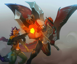 anthro armor axe bandolier bat_wings battle_axe black_body black_fur bottomwear clothed clothing collar double_bitted_axe duo facial_piercing feathered_wings feathers female fur gun loincloth looking_at_viewer machine_gun male mane melee_weapon membrane_(anatomy) membranous_wings nose_piercing nose_ring open_mouth orange_body orange_eyes orange_fur piercing purple_body purple_fur ranged_weapon ring_piercing smoke staff straps studs tail weapon white_body white_fur wings wrapping kardie mythology sabine_(lykenzealot) sulfer canid canine dragon mammal maned_wolf mythological_creature mythological_scalie scalie hi_res