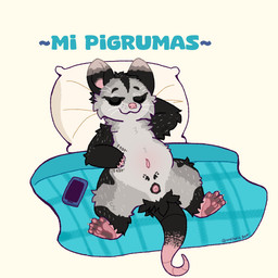 3_fingers 4_toes anatomically_correct anatomically_correct_anus anatomically_correct_cloaca anatomically_correct_genitalia anatomically_correct_vulva animal_genitalia animal_vulva anus bed bedding belly belly_markings big_pillow birthmark black_body black_ears black_fur black_markings black_tail black_tuft blanket blue_bedding blue_blanket casual_nudity cellphone claws cloaca closed_smile countershading curved_tail dipstick_ears dipstick_tail ear_markings electronics exposed_teeth eye_markings eyebrows_(marking) eyes_closed facial_markings feet female female_feral feral finger_claws fingers front_view fur fur_markings furniture genitals grey_body grey_ears grey_fur grey_thighs guard_hair hand_behind_head hand_on_belly head_markings head_on_pillow lying lying_on_bed markings marsupial_genitalia marsupial_vulva membrane_(anatomy) monotone_markings mouth_closed multicolored_body multicolored_ears multicolored_fur navel_pouch nude on_bed on_blanket onomatopoeia pawpads paws phone pillow pink_ears pink_feet pink_hands pink_nose pink_pawpads pink_paws pink_tail pink_vulva plaid_blanket plantigrade pouch_(anatomy) pubic_markings rat_tail relaxed_expression relaxing scratching_belly scratching_self semi-anthro simple_background slightly_chubby small_anus smile solo sound_effects spread_legs spreading tail tail_markings teeth text thick_thighs toes tuft two_tone_tail vulva webbed_feet whiskers whiskers_spots white_background white_body white_claws white_fur wide_hips artistic_dot kali_denise american_opossum hybrid mammal marsupial virginia_opossum water_opossum white-eared_opossum 1:1 2025 colored_sketch constructed_language digital_drawing_(artwork) digital_media_(artwork) esperanto_text full-length_portrait hi_res portrait signature sketch