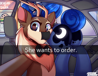 blue_eyes bow_tie burger butt can caption car car_interior container cutie_mark duo female feral food horn inside_car inside_vehicle male selfie tail_bun text vehicle wings shadowreindeer friendship_is_magic hasbro he_wants_to_order my_little_pony mythology fan_character kevin_reindeer princess_luna_(mlp) deer equid equine mammal mythological_creature mythological_equine new_world_deer reindeer winged_unicorn cyrillic_text english_text hi_res meme