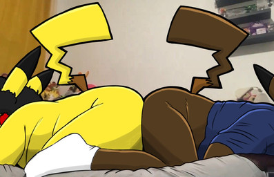 anthro black_ear_tips black_hair blue_clothing blue_shirt blue_topwear brown_body brown_fur butts_touching clothing dipstick_ears duo ear_markings footwear fur hair male markings multicolored_ears nude_anthro nude_male partially_clothed_anthro partially_clothed_male raised_tail shirt socks tail topwear white_clothing white_footwear white_socks yellow_body yellow_fur hyenakenisis nintendo pokemon generation_1_pokemon pikachu pokemon_(species) draw_over