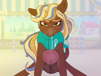 animal_genitalia animal_penis balls big_balls big_penis blonde_hair blue_hair blush blush_lines bodily_fluids brown_balls brown_body brown_ears brown_fur clothing equine_genitalia equine_penis erection eyelashes eyeshadow feral flared_penis fur genital_fluids genitals green_clothing green_eyes hair heart_pupils heart_symbol leaking_precum looking_at_viewer makeup male multicolored_hair penis pink_eyeshadow pink_penis precum quadruped solo toony_eyes two_tone_hair white_clothing gafftopsail wild_manes tilly_(wild_manes) equid equine horse mammal 2025 hi_res gynomorph_(lore)