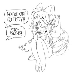 anthro bdsm bodily_fluids bottomless clothed clothing collar crying dialogue fangs female hair inner_ear_fluff long_hair looking_aside offscreen_character omorashi petplay raised_hand roleplay simple_background sitting solo tail tail_motion tailwag tears teeth text tuft wolfplush wolfie_(wolfplush) canid canine canis mammal wolf 1:1 english_text hi_res monochrome