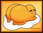 big_butt border butt butt_focus egg egg_yolk food glistening glistening_butt huge_butt lying male not_furry on_front orange_border simple_background solo yellow_background yellow_body yellow_butt tunemon sanrio gudetama food_creature 2023 hi_res