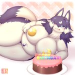 4_fingers anthro belly blep blush cake claws crescent_moon crescent_moon_(marking) curvy_figure dessert dipstick_tail female female_anthro finger_claws fingers fluffy food fur hair happy_birthday kemono looking_at_viewer lying markings moon moon_(marking) multicolored_body multicolored_fur multicolored_tail navel neck_tuft nude on_side one_eye_closed overweight overweight_anthro overweight_female pasties plate purple_body purple_fur purple_hair solo tail tail_markings text thick_thighs tongue tongue_out tuft two_tone_body two_tone_fur voluptuous white_body white_fur white_hair wink shibaemonxsk lue_(kishibe) canid canine canis mammal wolf 1:1 2021 digital_media_(artwork) english_text hi_res