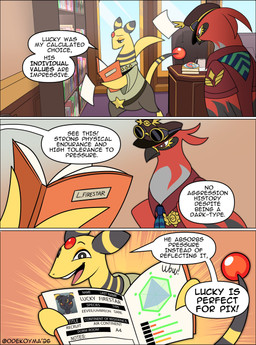 ambiguous_gender anthro aviator_cap aviator_goggles badge black_body book container cup dessert dialogue doughnut duo folder food harmony_scarf mug paper pastry red_eyes speech_bubble stat_display text yellow_sclera odeko-yma nintendo pokemon pokemon_mystery_dungeon spike_chunsoft captain_cinder_(odeko-yma) lucky_(odeko-yma) ampharos eeveelution generation_2_pokemon generation_6_pokemon pokemon_(species) talonflame umbreon 2026 absurd_res comic digital_media_(artwork) english_text hi_res signature