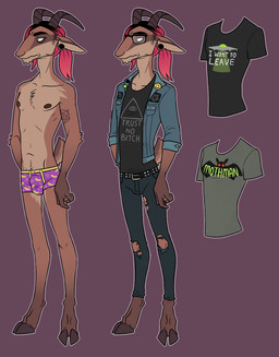 4_fingers anthro arm_tattoo belt bottomwear bulge clothed clothing denim denim_bottomwear denim_clothing ear_piercing eyewear fingers fur genitals glasses hair hooves horn jacket jeans male multicolored_body multicolored_fur nipples occult_symbol pants penis pentagram pentagram_tattoo piercing pink_hair ring shirt solo standing symbol t-shirt tail tattoo text text_on_clothing text_on_shirt text_on_topwear topwear underwear underwear_only yellow_eyes cadaverrdog jeeper_(cadaverrdog) alpine_goat bovid caprine domestic_goat goat mammal english_text model_sheet