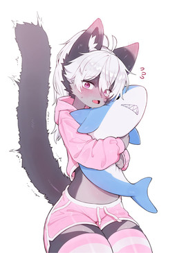 adolescent ahoge anthro blush bodily_fluids bottomwear clothed clothing cropped_hoodie crossdressing femboy flying_sweatdrops fur hair holding_object holding_plushie hug kemono legwear long_hair looking_at_viewer male male_anthro midriff open_mouth pattern_clothing pattern_legwear pattern_thigh_highs plushie shorts simple_background solo striped_clothing striped_legwear striped_thigh_highs stripes surprised sweat sweatdrop tail thigh_highs tongue white_background young young_anthro young_male acorn_furry ikea blahaj crescen_(crescencat) domestic_cat felid feline felis mammal 2026 digital_media_(artwork) hi_res
